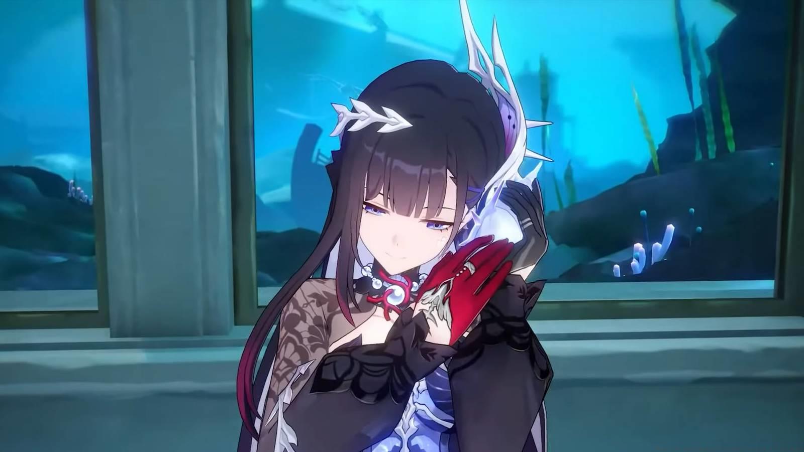 Hysilens, a new character in Honkai: Star Rail, putting a sea shell up to her ear.