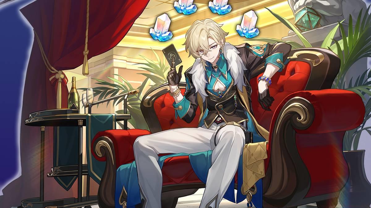 Aventurine's splash art from Honkai: Star Rail with Stellar Jades around him