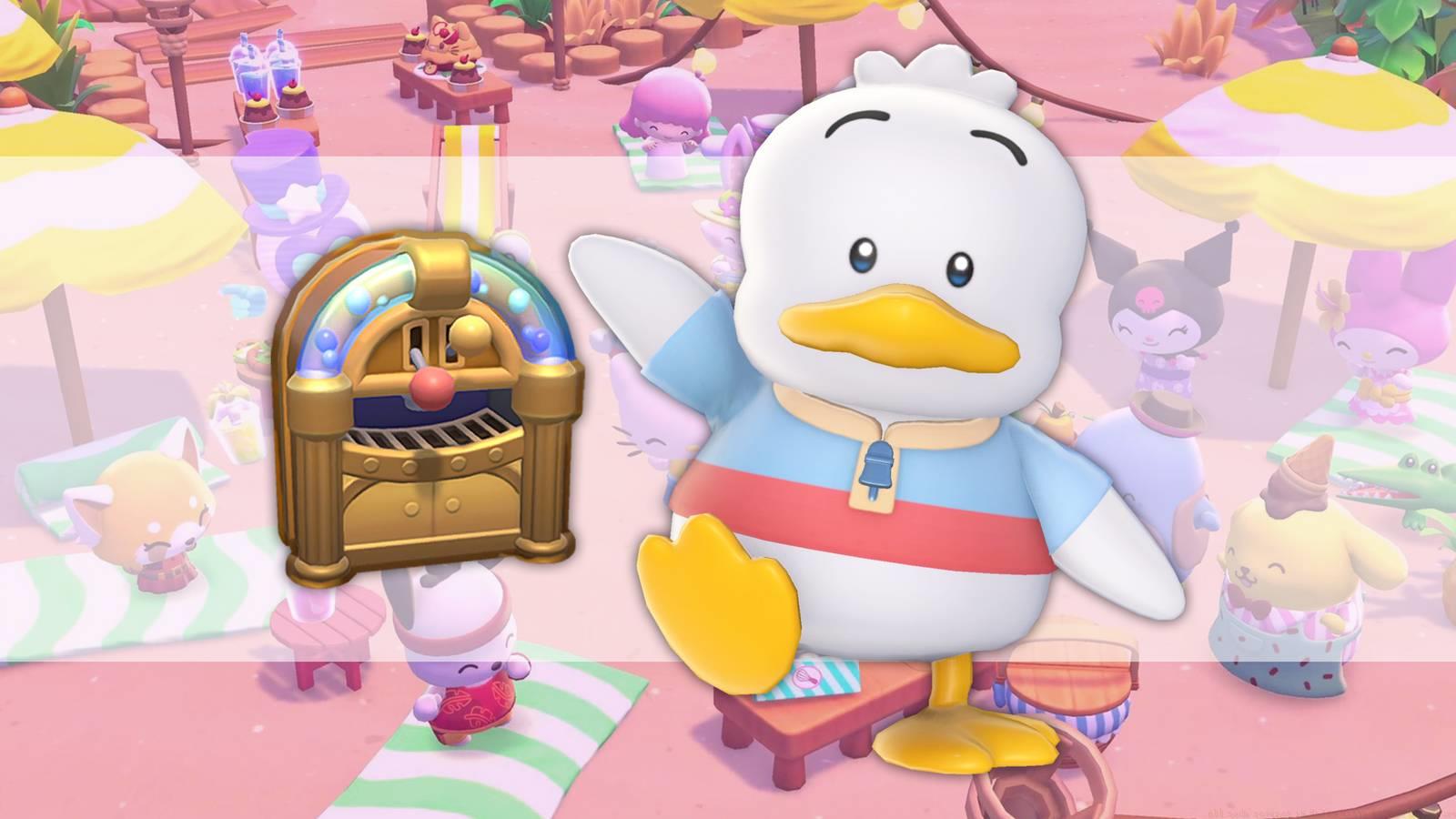 Pekkle, a duck, poses next to a soda machine that looks like a jukebox in Hello Kitty Island Adventure.