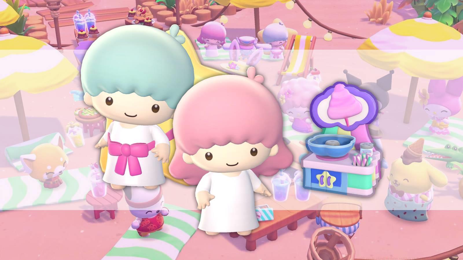 Kiki and Lala next to a candy cloud machine in Hello Kitty Island Adventure.