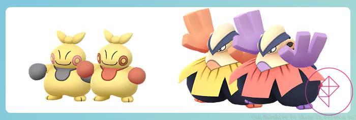 Makuhita and Hariyama with their shiny variants in Pokémon Go. Makuhita's blue gloves turn red and Hariyama turns purple and red.