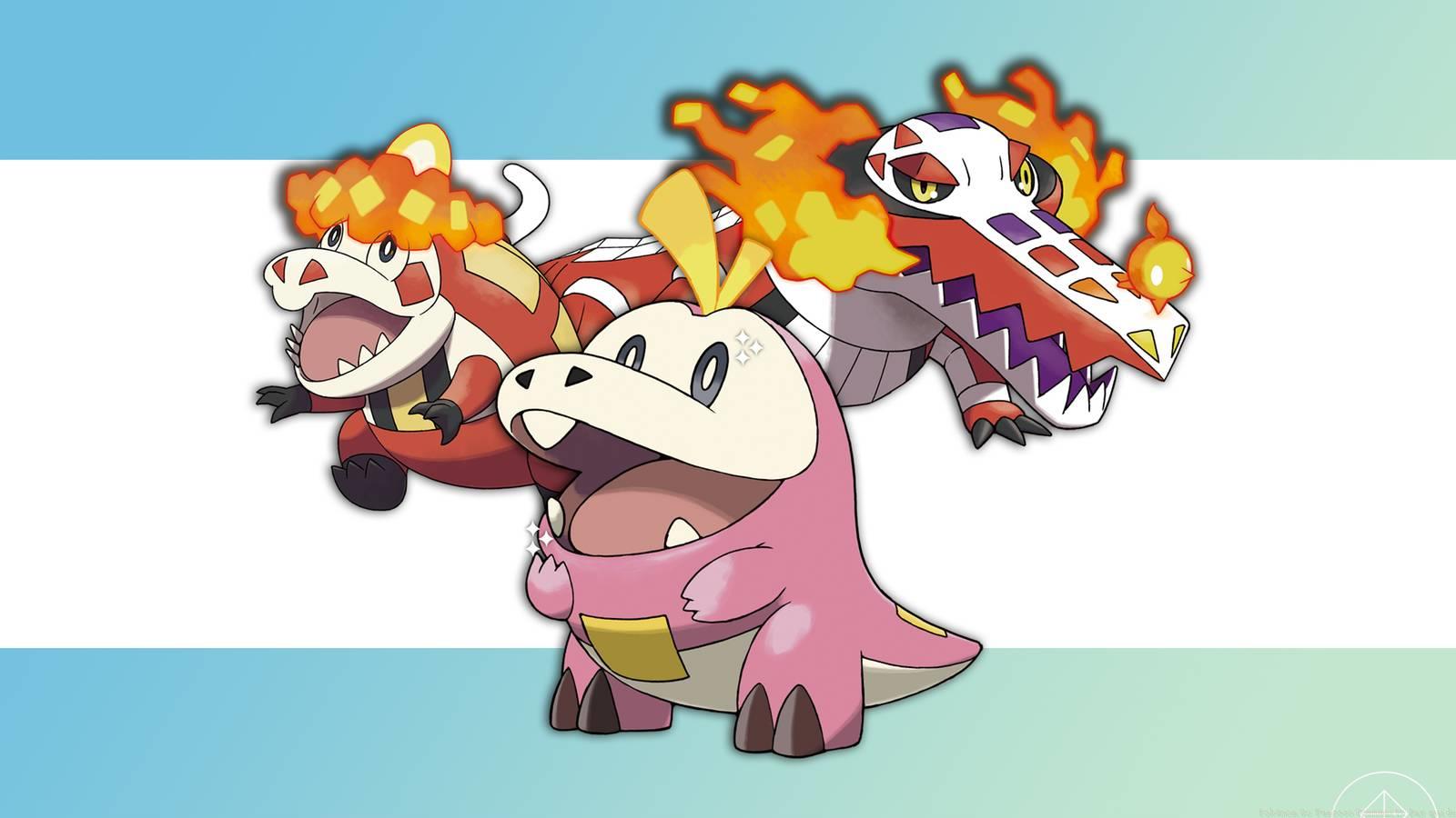 Shiny Fuecoco in front of a Crocalor and Skeledirge