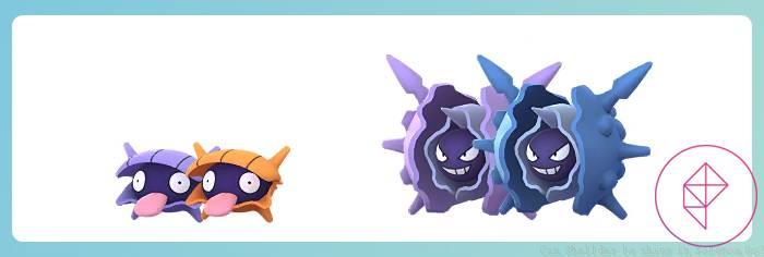 Shiny Shellder and Cloyster in Pokémon Go with their regular forms. Shiny Shellder is orange and shiny Cloyster is blue.