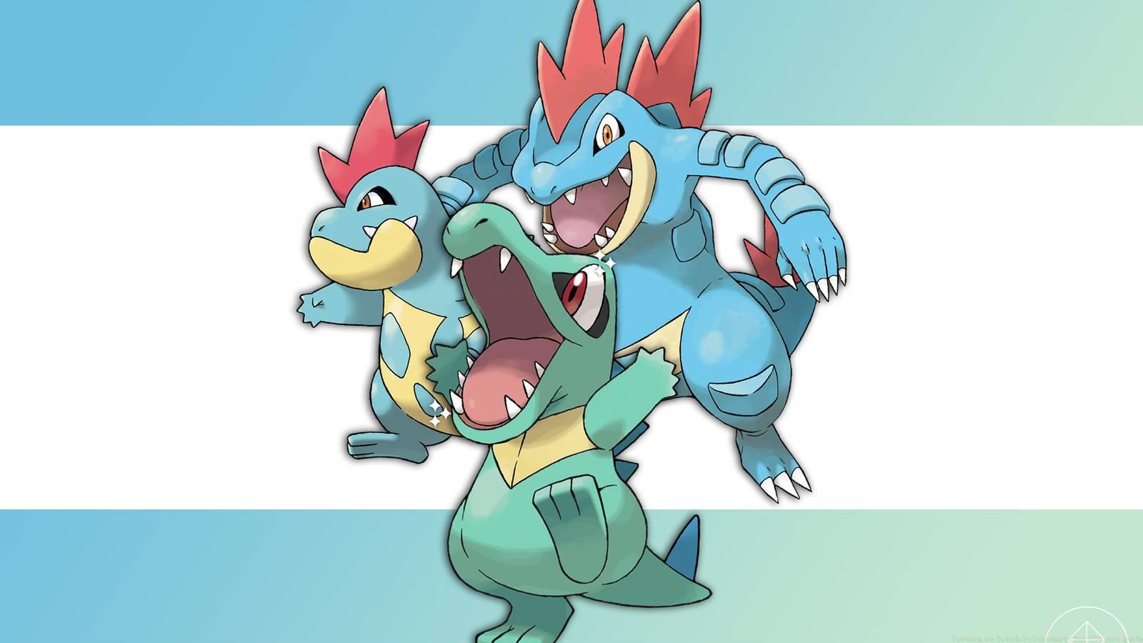 Shiny Totodile with Croconaw and Feraligatr in the background.