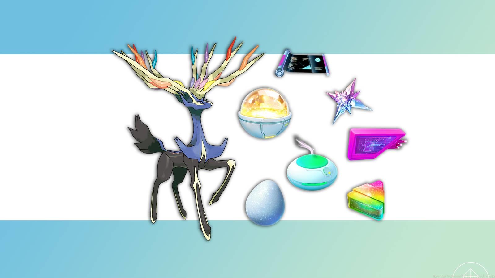 Xerneas with a bunch of Pokémon Go items