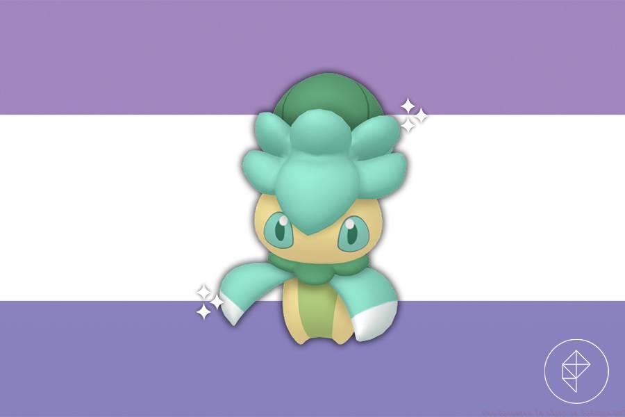 Shiny Fomantis on a purple gradient background.