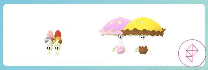 Shiny Morelull and Shiinotic in Pokémon Go with their regular versions. Shiny Morelull gets brown and red caps and shiny Shiinotic gets a yellow cap with brown trimming