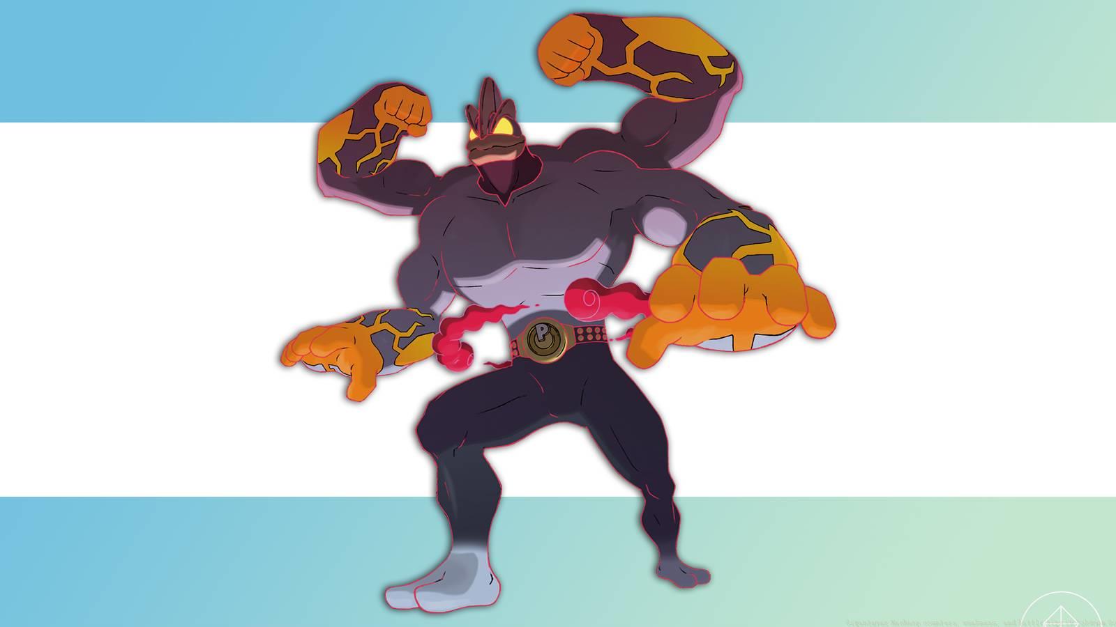 Gigantamax Machamp on a gradient background