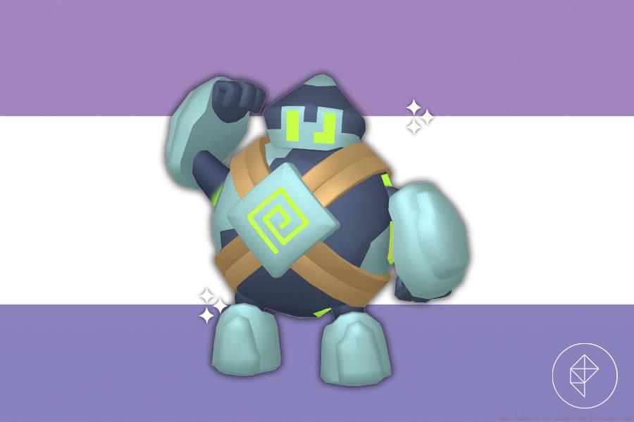 Shiny Golett on a purple gradient background.