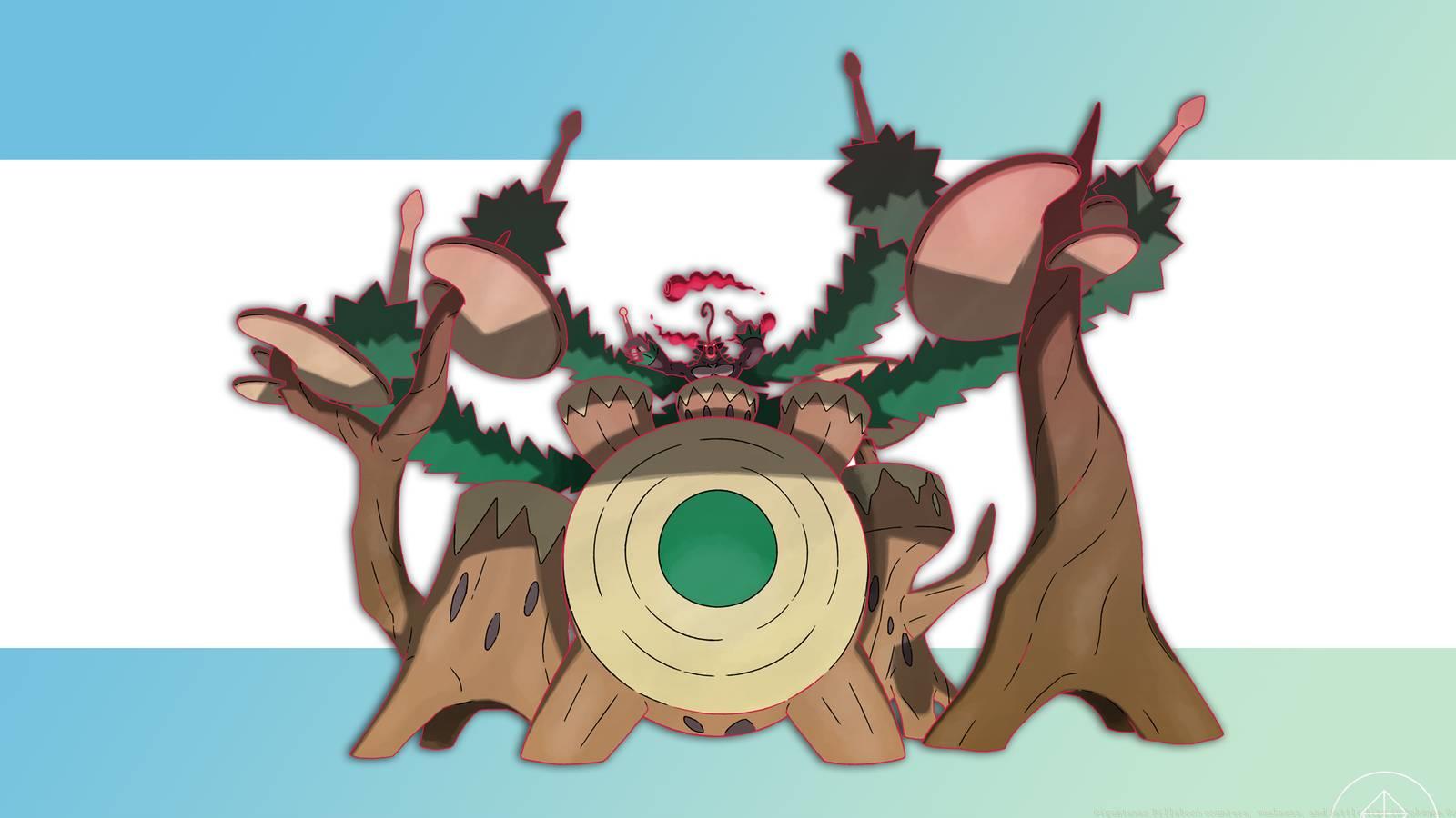 Gigantamax Rillaboom with its drum set on a gradient background.