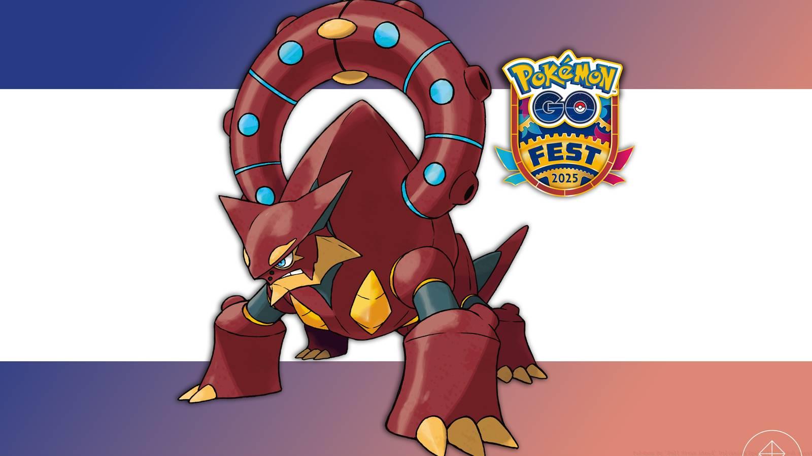 Volcanion on a blue and pink gradient background