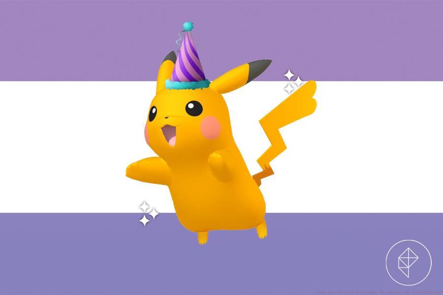 Shiny Pikachu in a party hat on a purple gradient background.