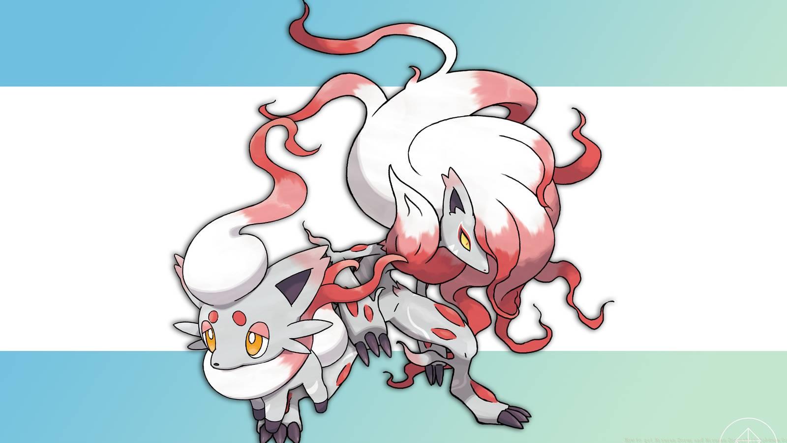 Hisuian Zorua and Zoroark on a gradient background.