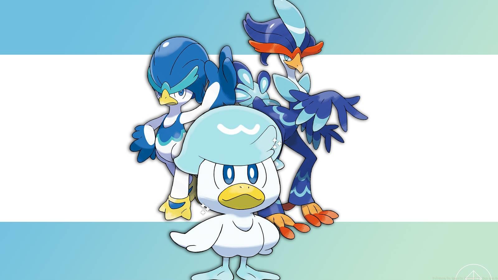 A shiny Quaxly in front of its evolutions, Quaxwell and Quaquaval.