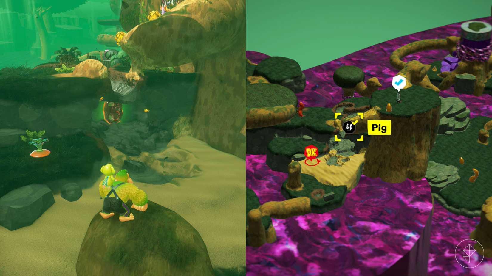 DK faces a red fossil near the sand in Donkey Kong Bananza.