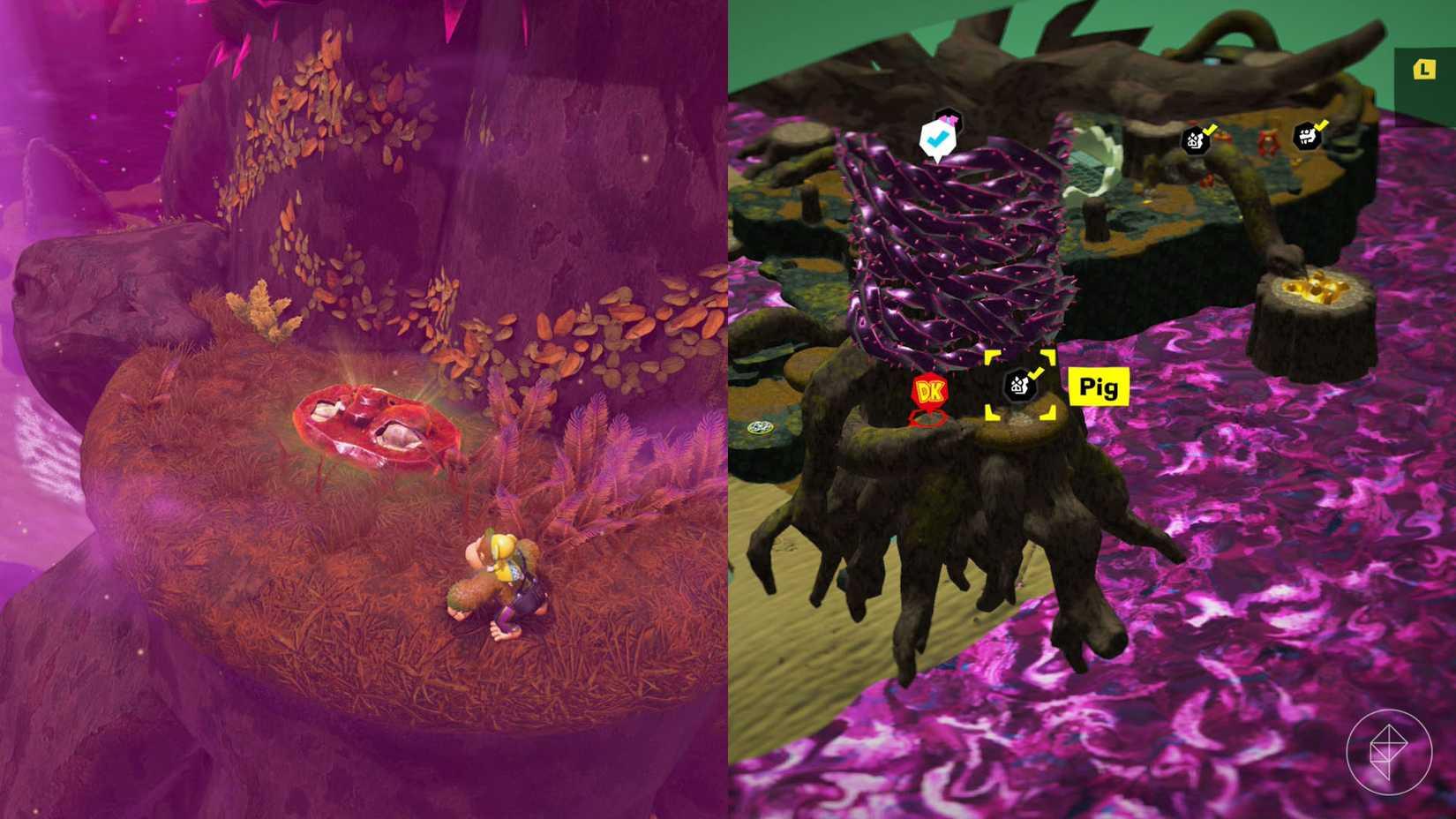 DK approaches a fossil on a giant floating tree.