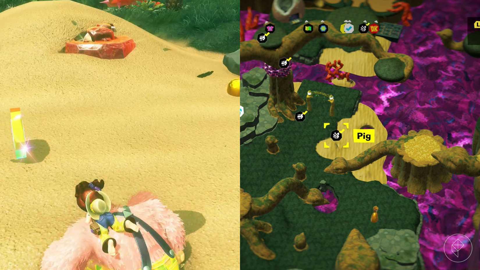 DK approaches a big red fossil half-buried in the sand