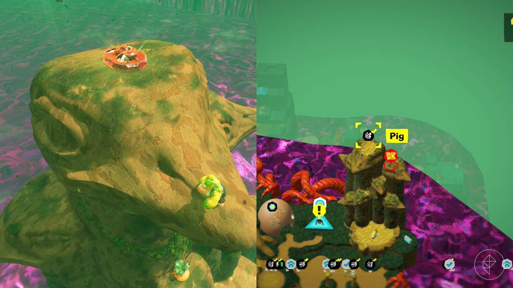 DK approaches a red fossil on top of a giant wooden ostrich head.