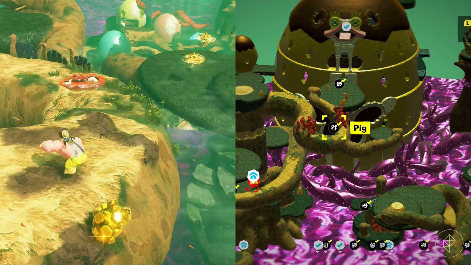 DK runs up to a fossil on a large wooden vine