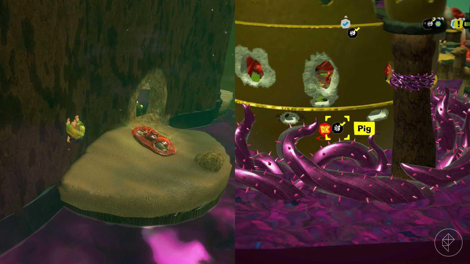 DK climbs up a wall near a red fossil on a small sandy ledge.