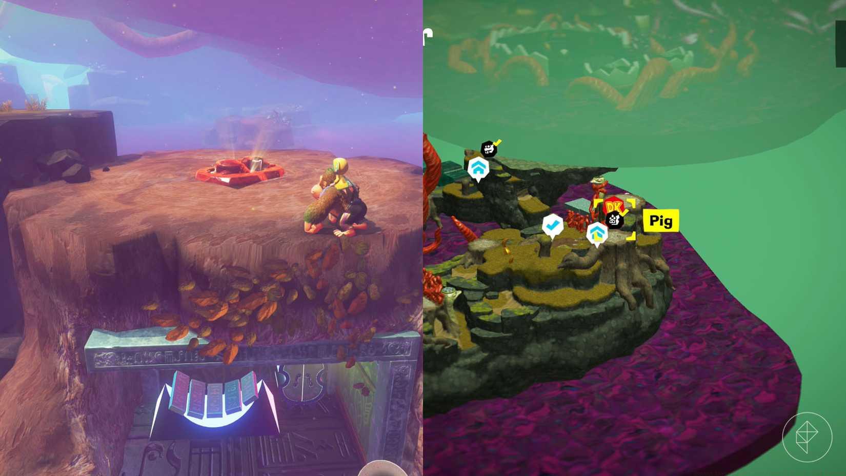 DK stands near a red fossil on top of a getaway