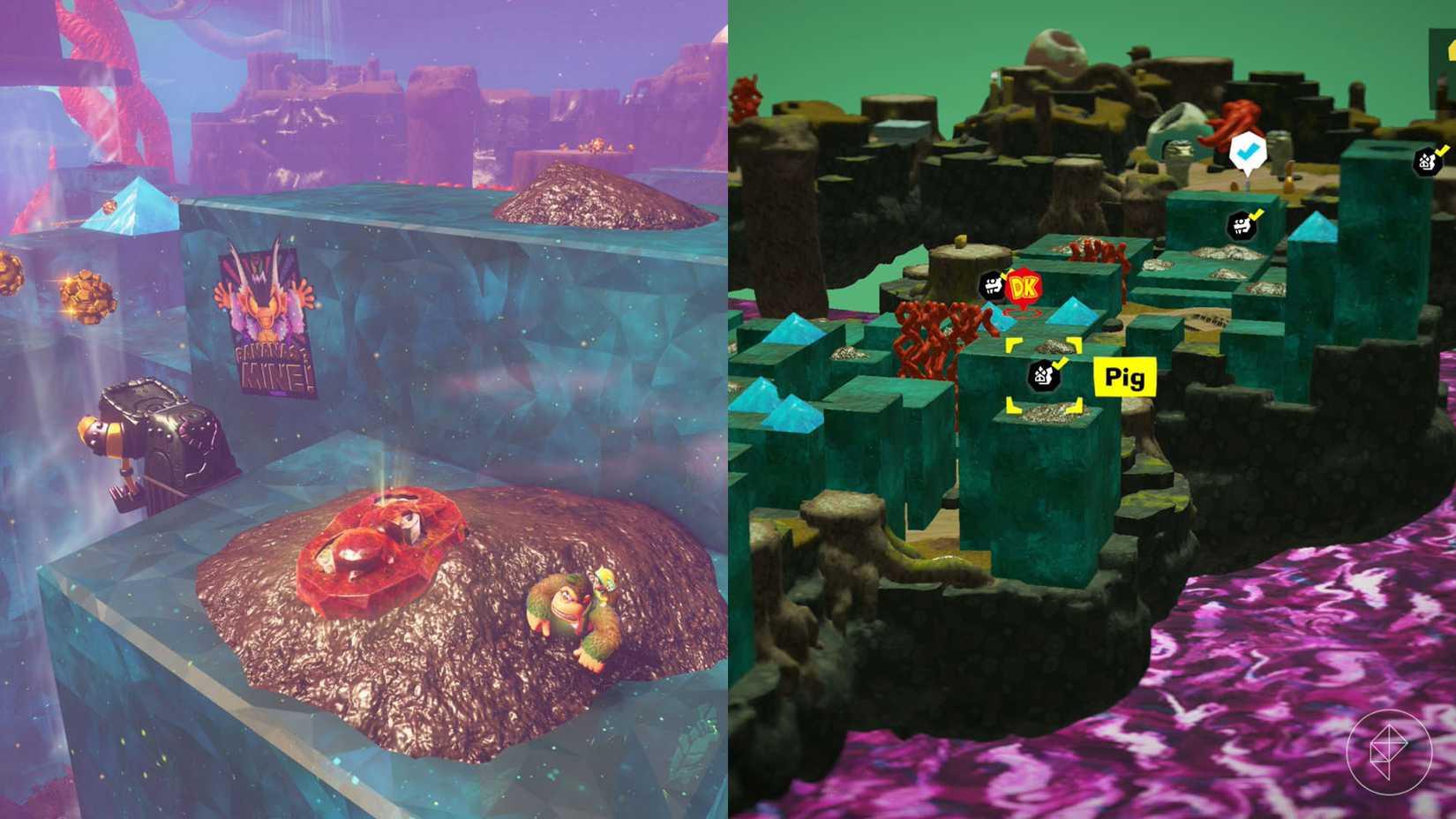 A red fossil shines out of some mud on top of a rubber platform