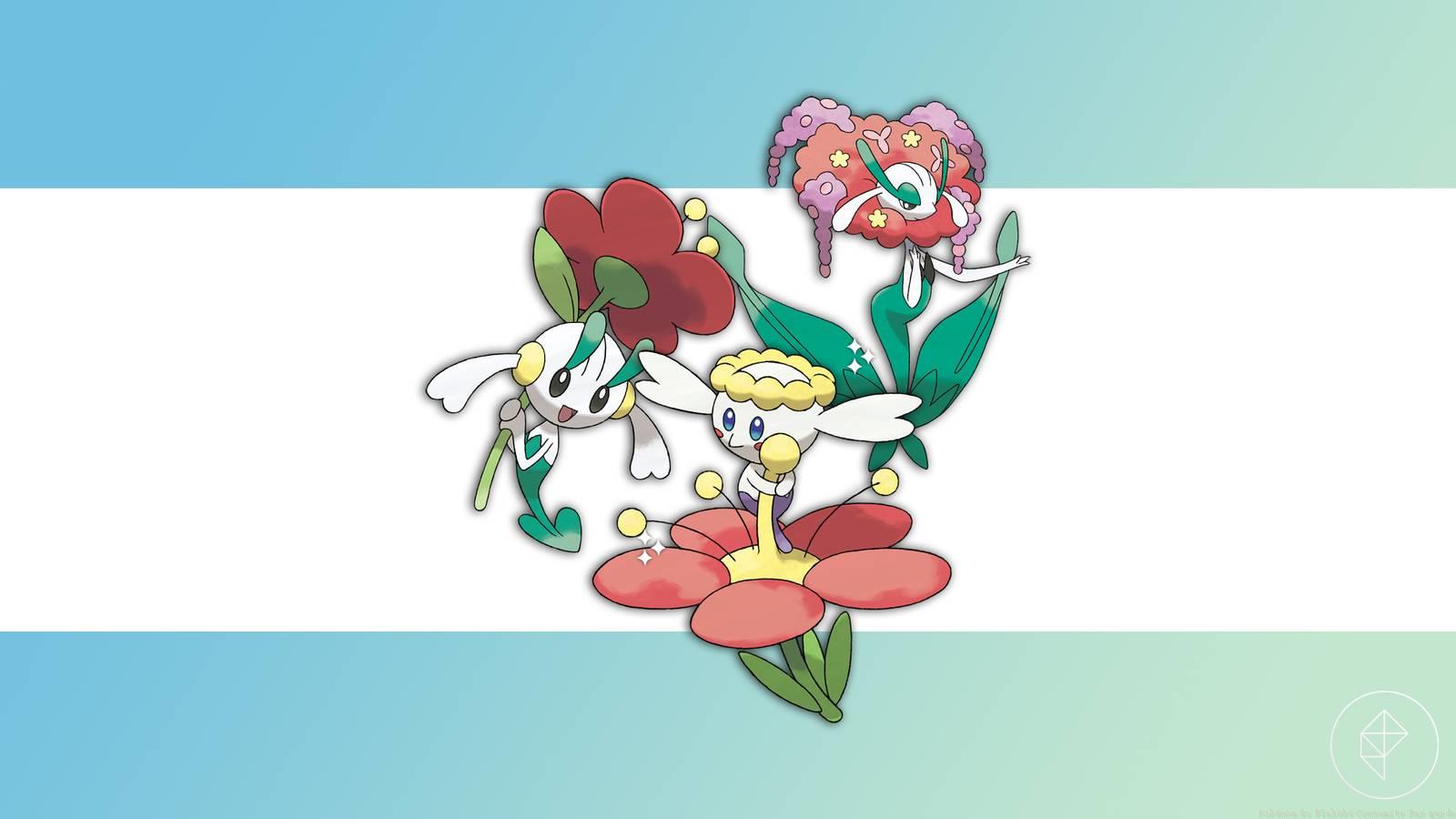 Shiny Flabébé with a red Floette and Florges behind it