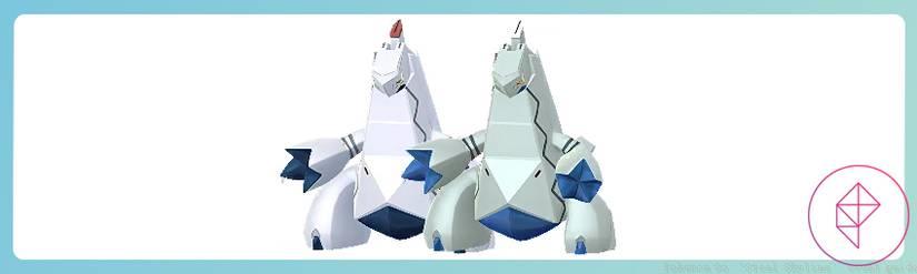 Duraludon with its shiny form in Pokémon Go. Shiny Duraludon is a darker grey with white accents.