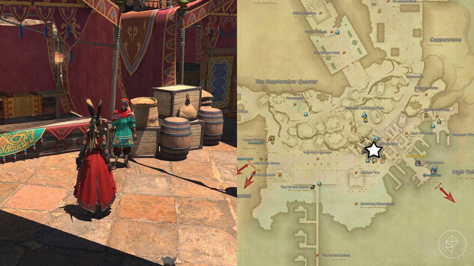 A Viera in red stands in front of a merchant in FFXIV