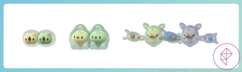 Shiny Solosis, Duosion, and Reuniclus in Pokémon Go with its regular forms. All of the shinies are very subtle darker green, whereas Reuniclus turns more blue.