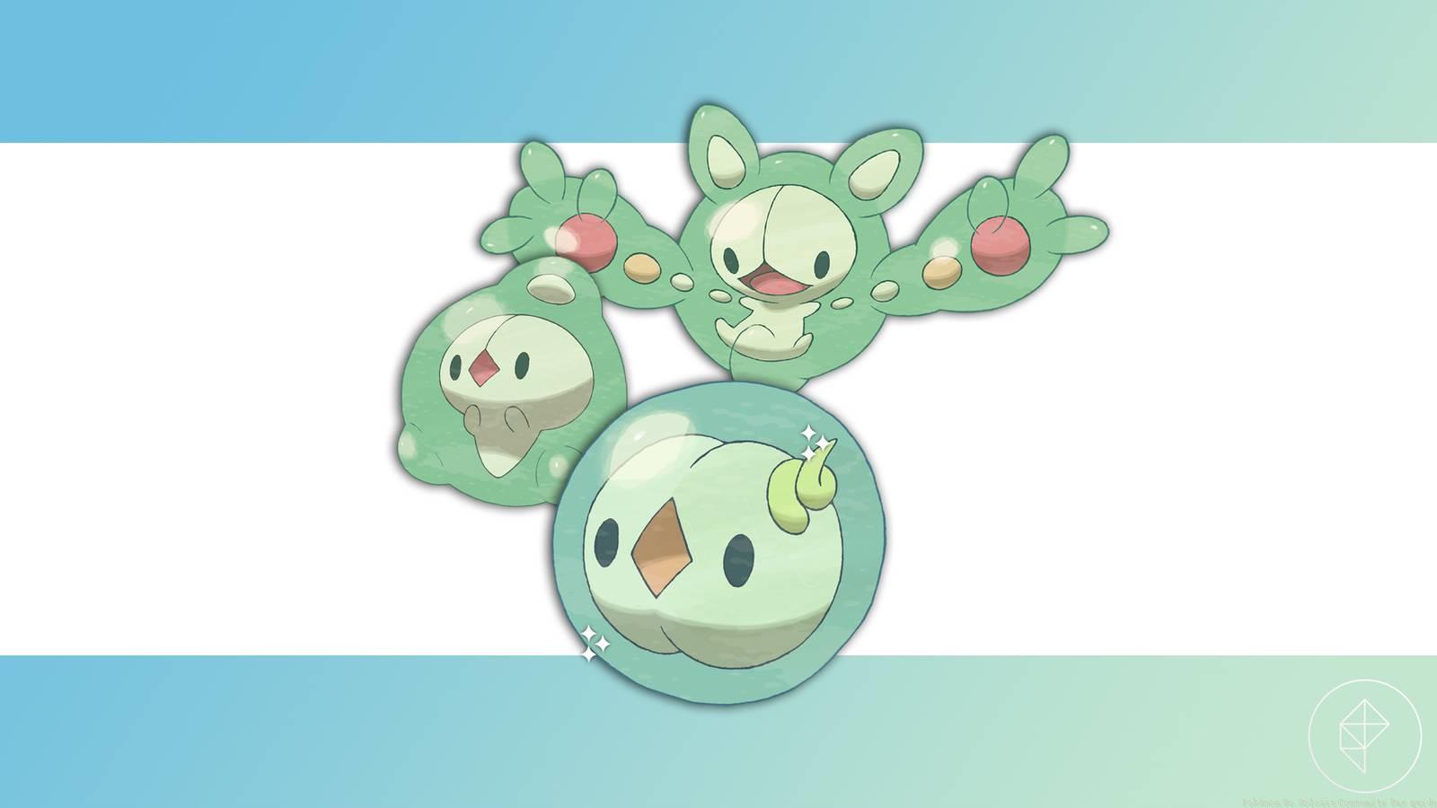 Shiny Solosis in front of Duosion and Reuniclus