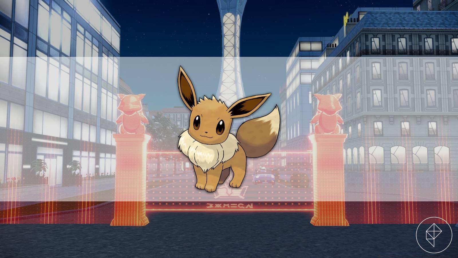 An Eevee over the gate of a battle zone in Pokémon Legends: Z-A.