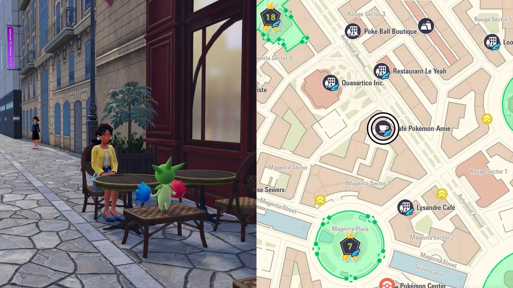 A woman sits at a café with a Roselia in Pokémon Legends: Z-A
