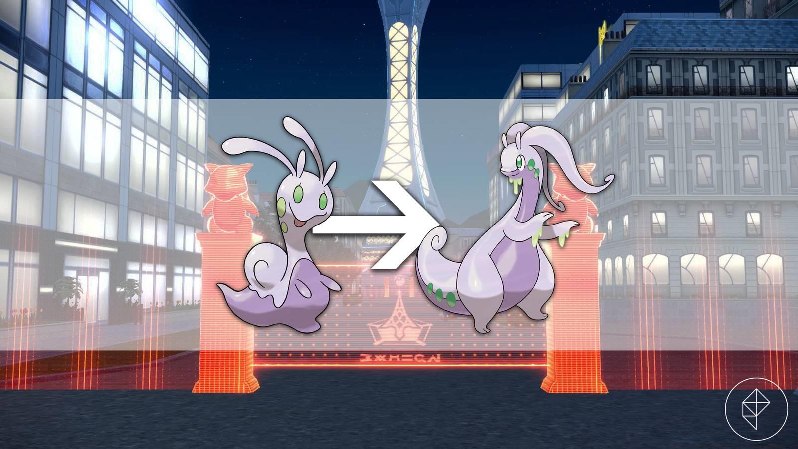A Sliggoo and Goodra with an arrow indicating evolution between them