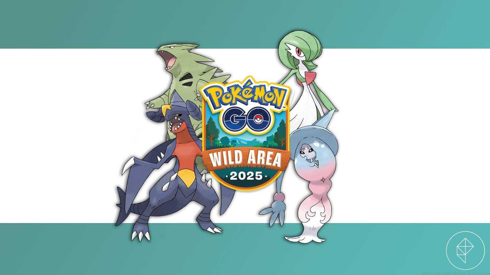 Garchomp, Tyrannitar, Gardevoir, and Hatterene behind the Pokémon Go Wild Area logo.
