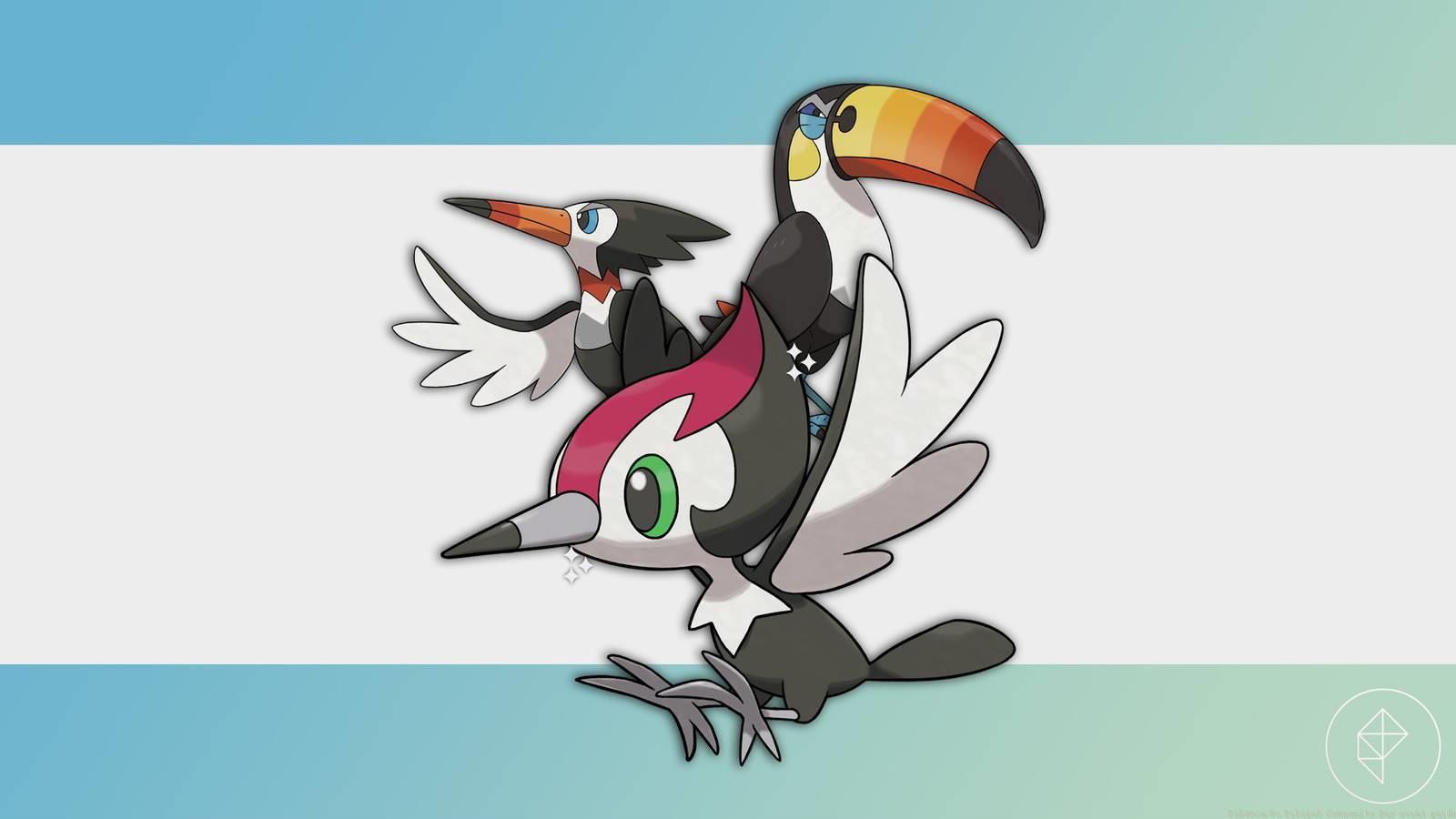 A shiny Pikipek in front of a Trumbeak and Toucannon