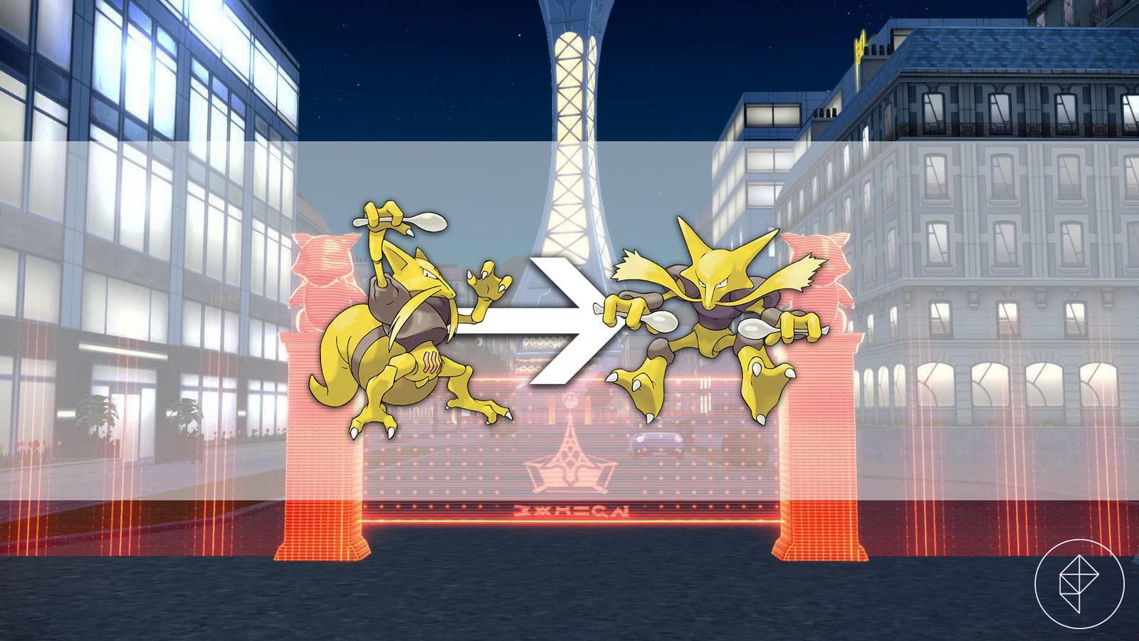 Kadabra with an arrow behind it pointing towards Alakazam in front of a picture of the Prism Tower in Pokémon Legends: Z-A.