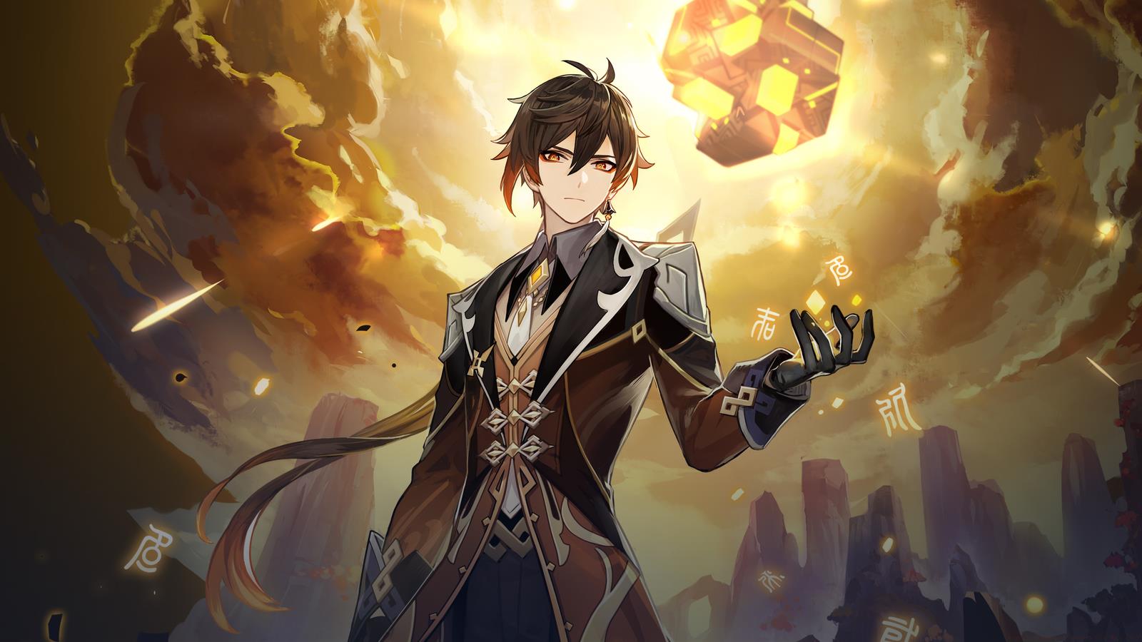 Zhongli stands with his iconic meteor behind him.