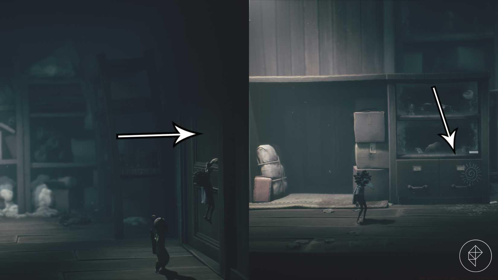 Two of the gnome's hiding places in Little Nightmares 3.