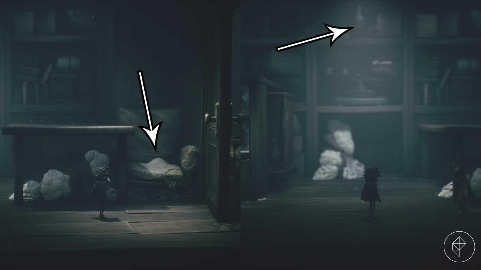 The gnome in Little Nightmares 3 is hiding in a chair and in a cabinet.