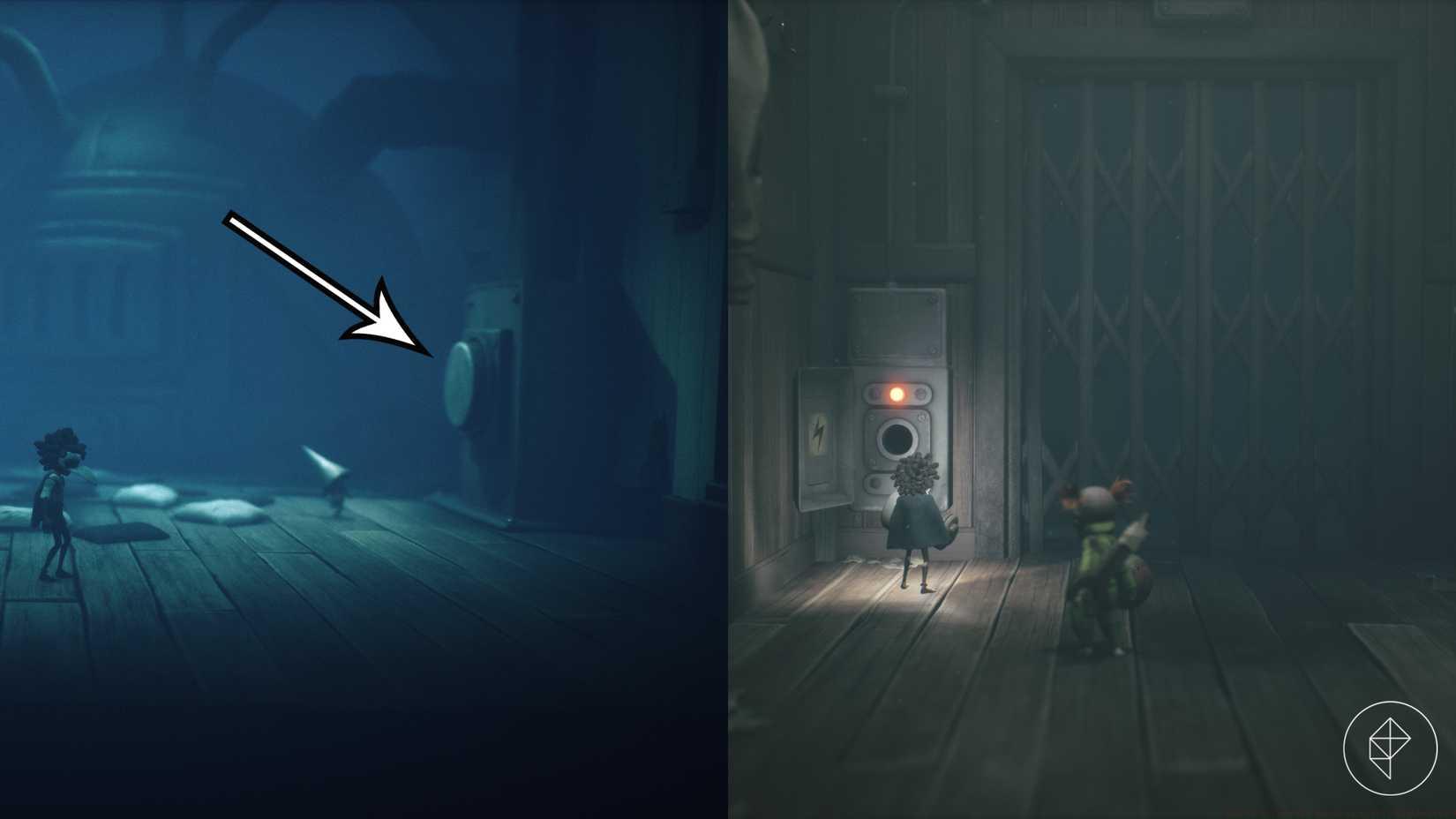 A gnome standing next to a button and a player solving a light bulb puzzle to activate the elevator in Chapter 3 of Little Nightmares 3.