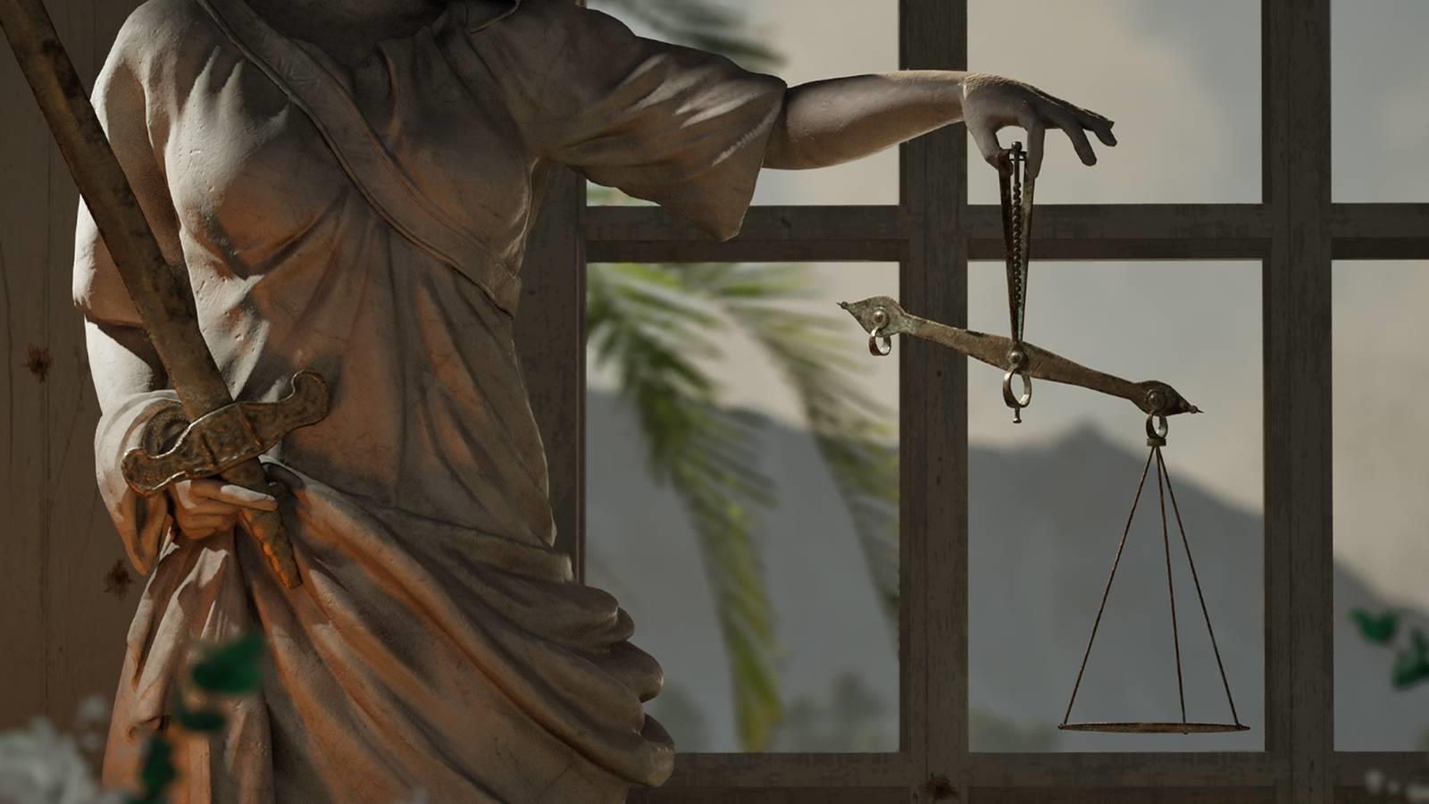 A Lady Justitia statue in Mafia: The Old Country.