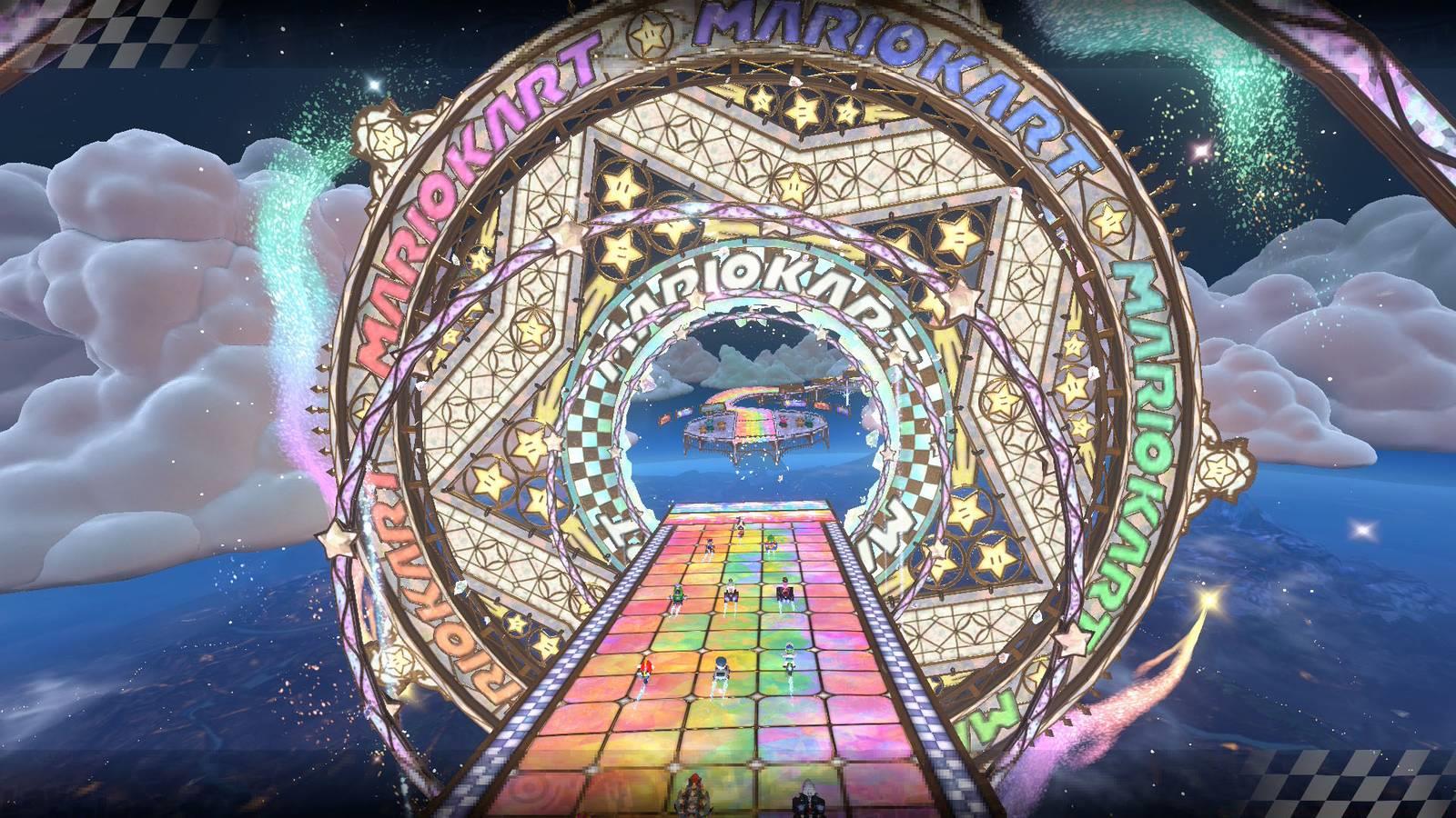 A Mario Kart World screenshot showing the Rainbow Road track