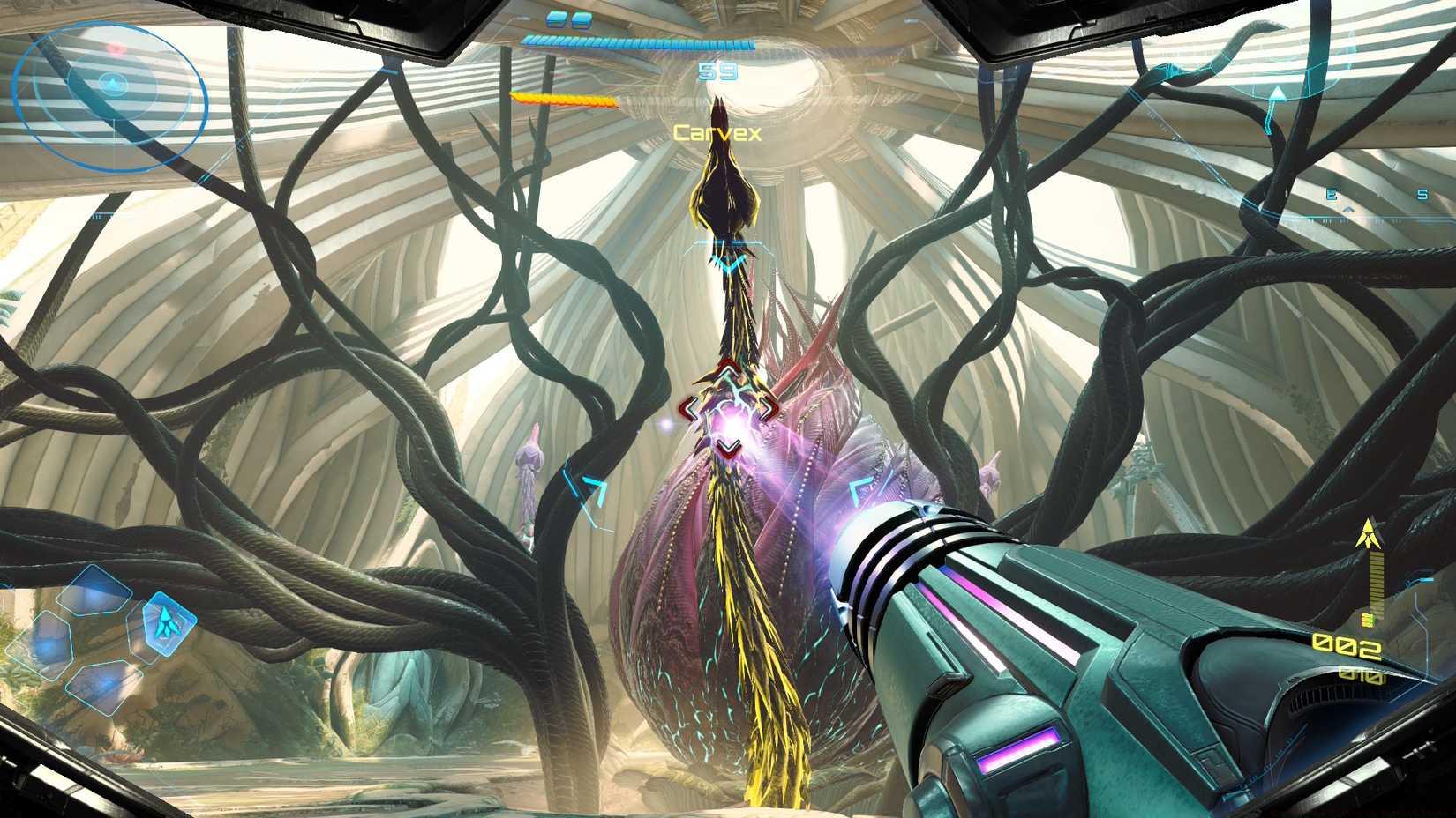 Samus targeting a Carvex tentacle in the boss fight's final phase
