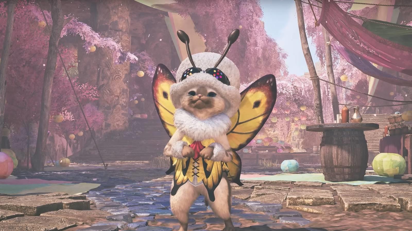 An image of a Palico in Monster Hunter Wilds. It is standing in front of pink blossoming trees and is wearing a butterfly outfit.