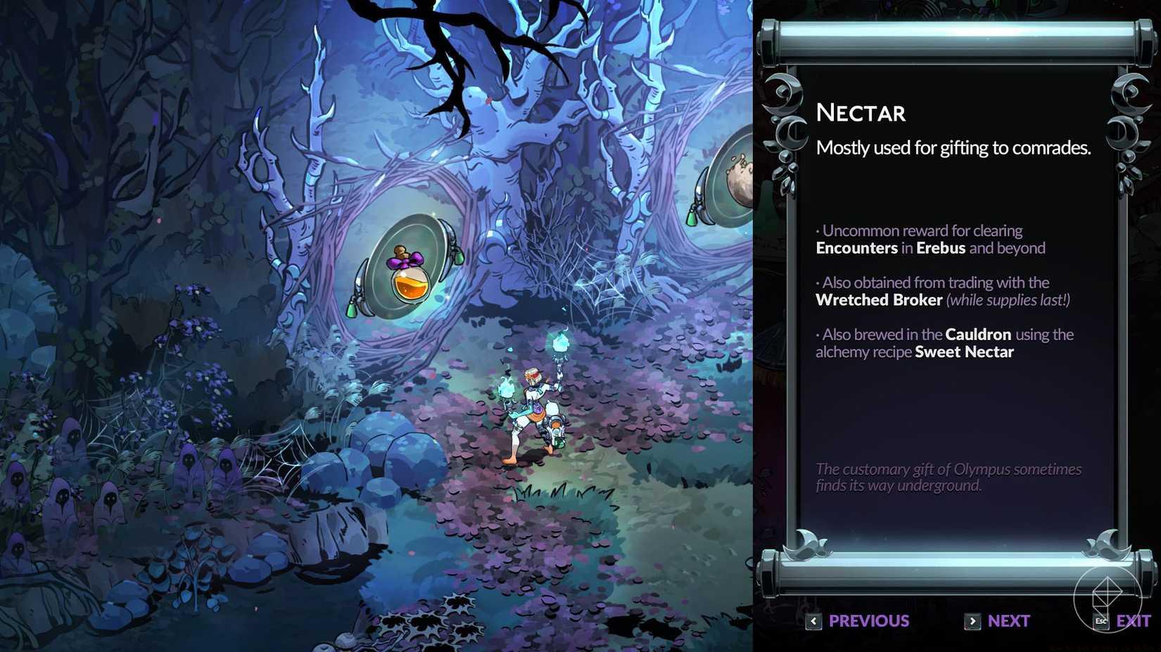 Melinoë standing in front of an encounter with nectar as a reward in Hade 2.