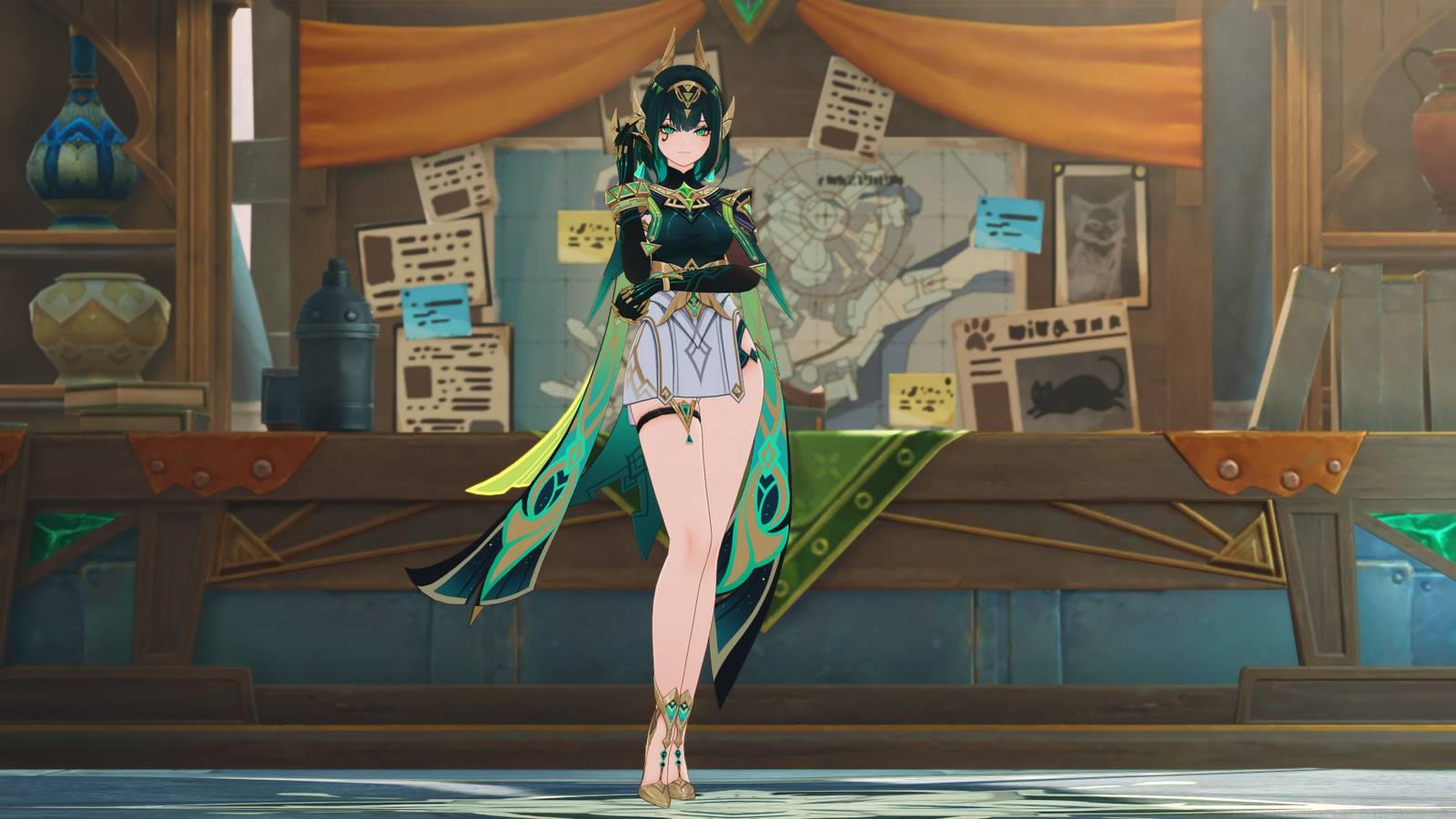 Nefer, a woman in black, green, gold, and white, in Genshin Impact