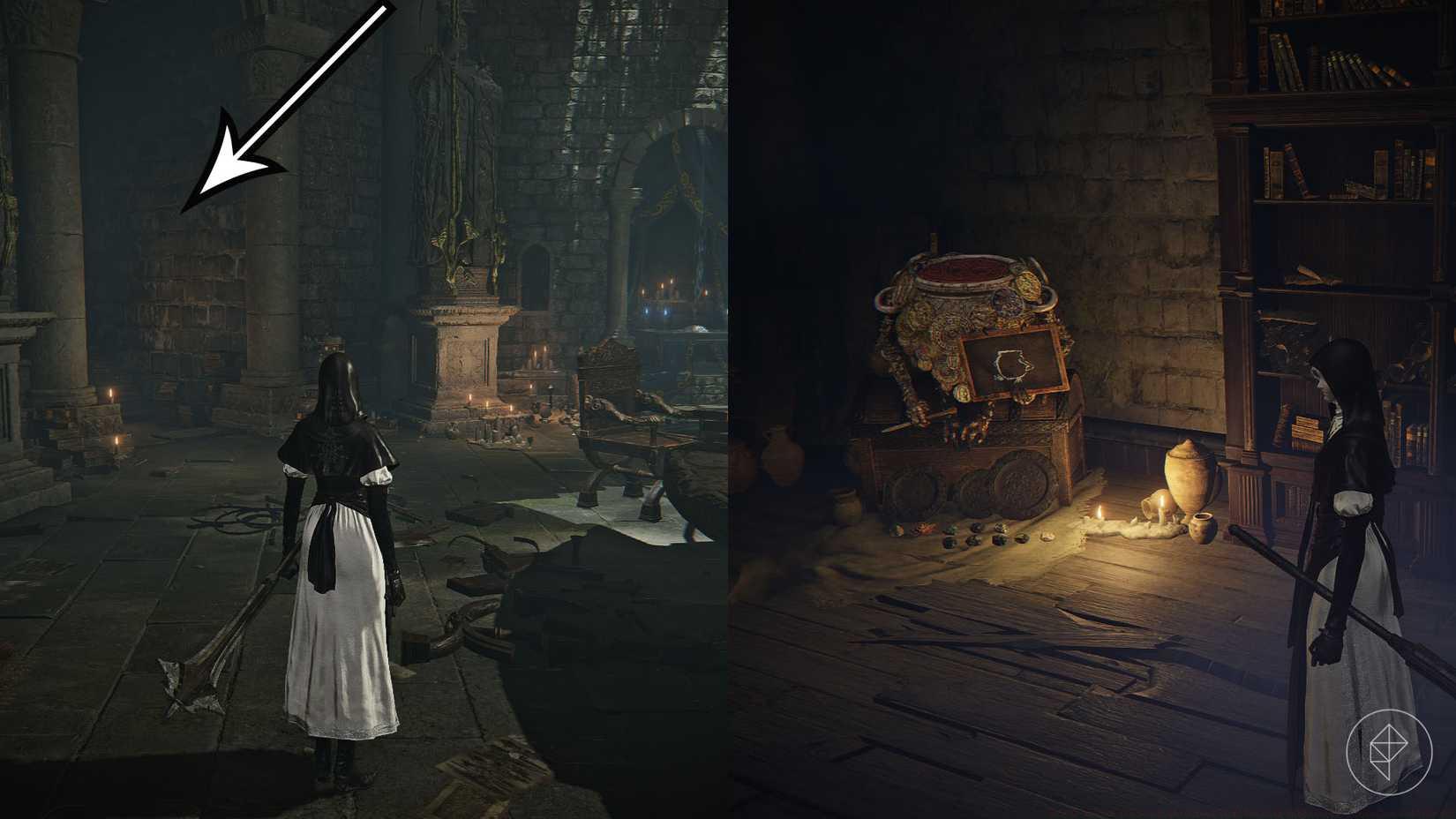 A montage of two Elden Ring Nightreign screenshot showing the path to find the Small Jar Bazaar
