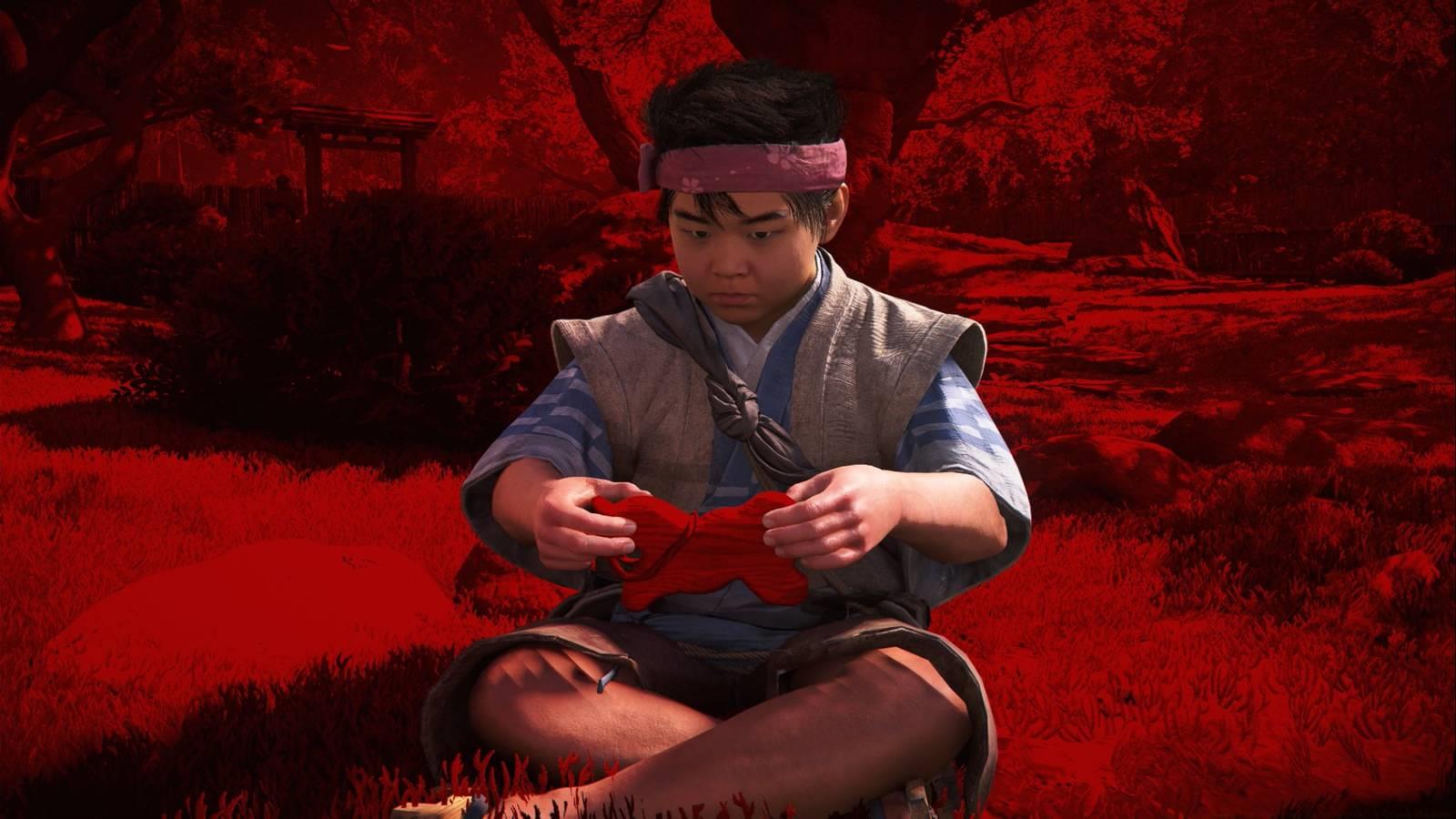 Junjiro, a young Japanese boy, plays with a wooden horse in Assassin's Creed Shadows