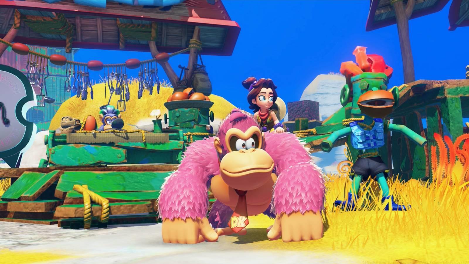 A pink Donkey Kong sits with Pauline on his shoulder in Donkey Kong Bananza.